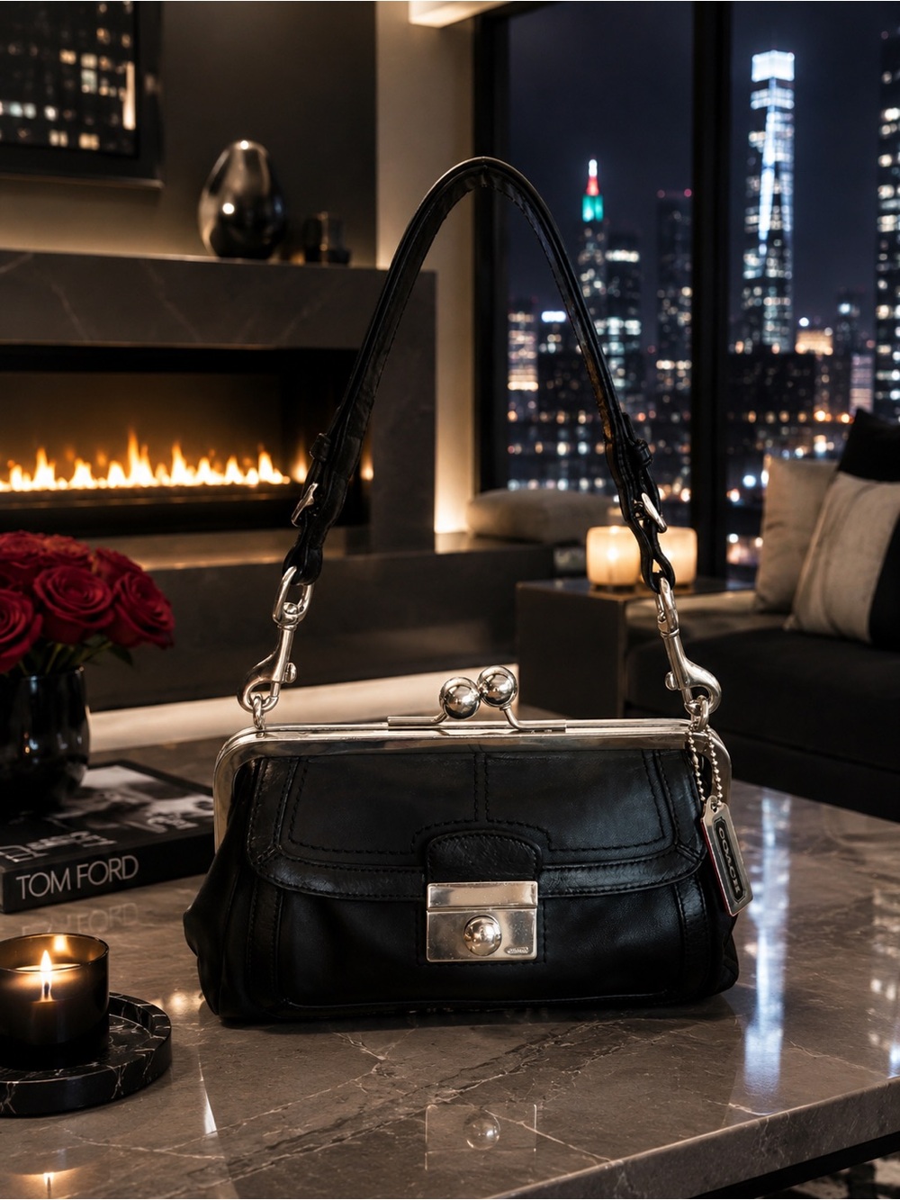 CoachVintage 2005 Hampton  Black Leather Shoulder Bag with Silver-Tone Kiss-Lock